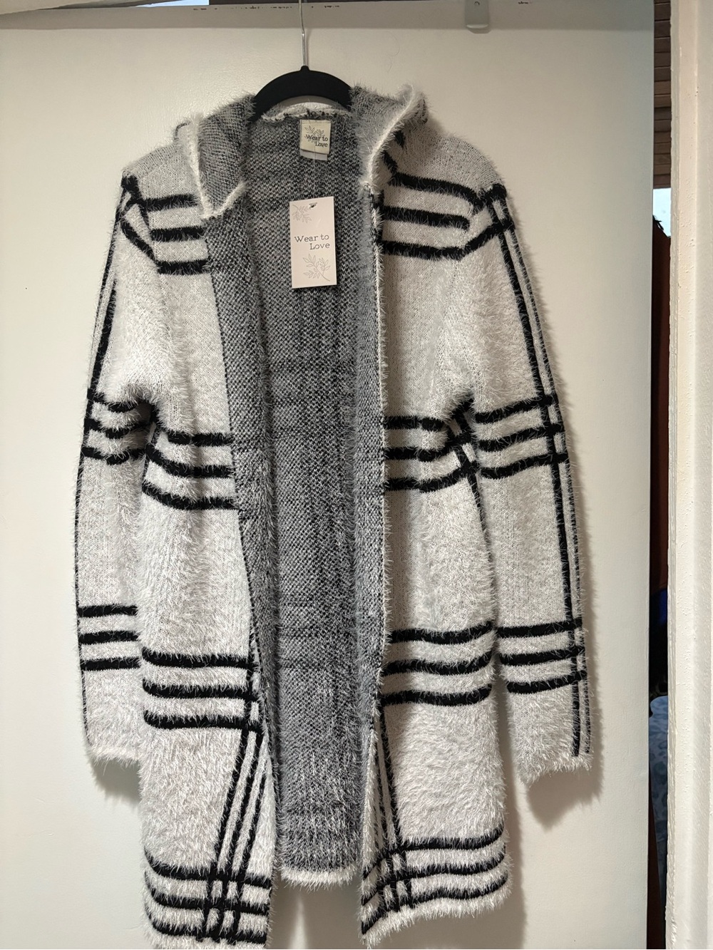 Love White and Black Plaid Fuzzy Open-Front Cardigan